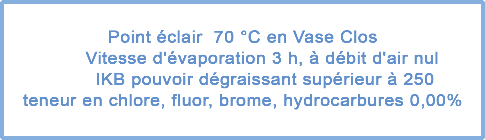 Point éclair  70 °C en Vase Clos, Vitesse d'évaporation 3 h, à débit d'air nul, IKB pouvoir dégraissant supérieur à 250 teneur en chlore, fluor, brome, hydrocarbures 0,00%